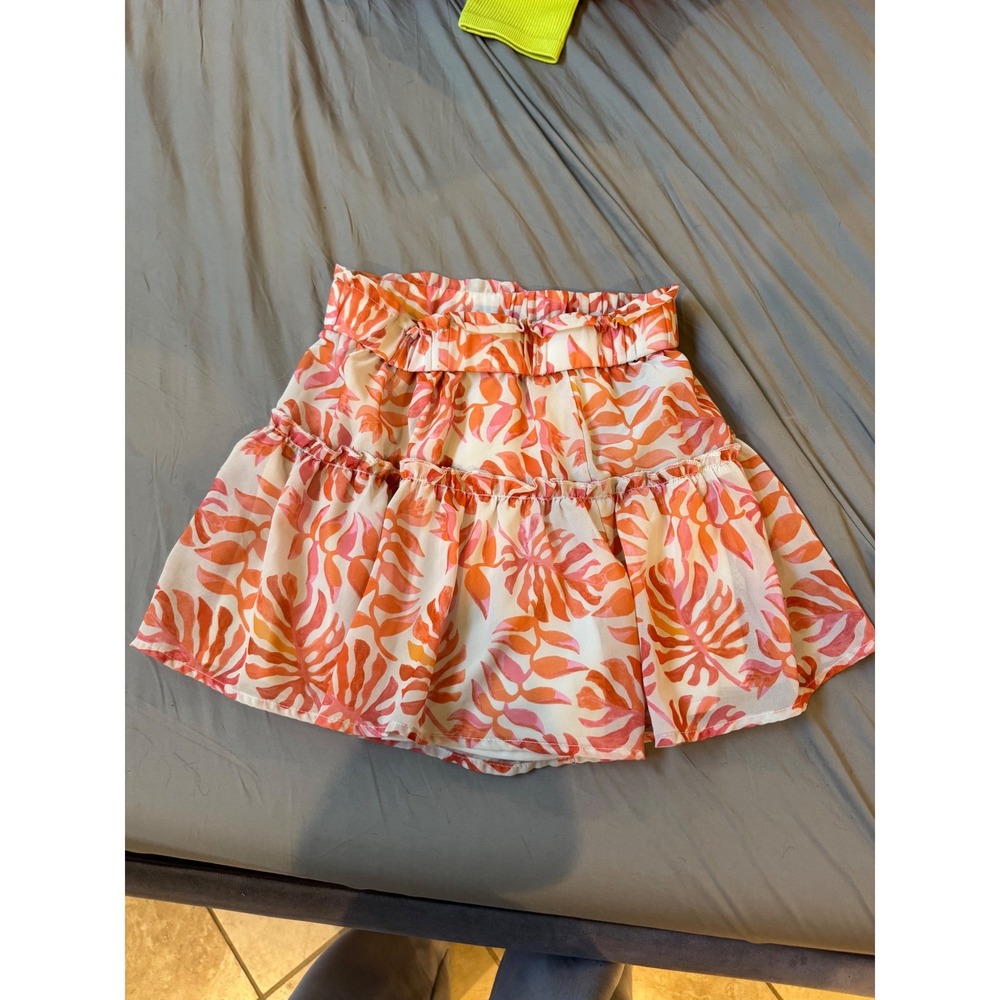 Kendall + Kylie Women Orange Pink Tropical Leaf Print Tiered Ruffle Skort Small